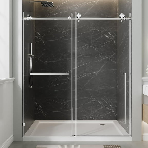 Aurisal Frameless Shower Door 56-60" W × 78" H Sliding Shower Door, 3/8" (10mm) Thick Tempered Clear Glass with Explosion-Proof Film, Stainless Steel Hardware, Brushed Nickel (Brushed Nickel-10MM)