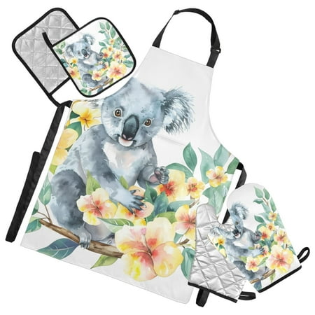 Koala with Flowers 5 Pcs Kitchen Set Heat Resistant Oven Mitts and Non-Slip Pot Holders with Adjustable Cooking Apron