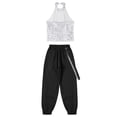 thumbnail image 4 of YONGHS Kids Girls Halter Hip Hop Jazz Dance Crop Top with Cargo Jogger Pants Set Performance Dancewear Silver 16, 4 of 5