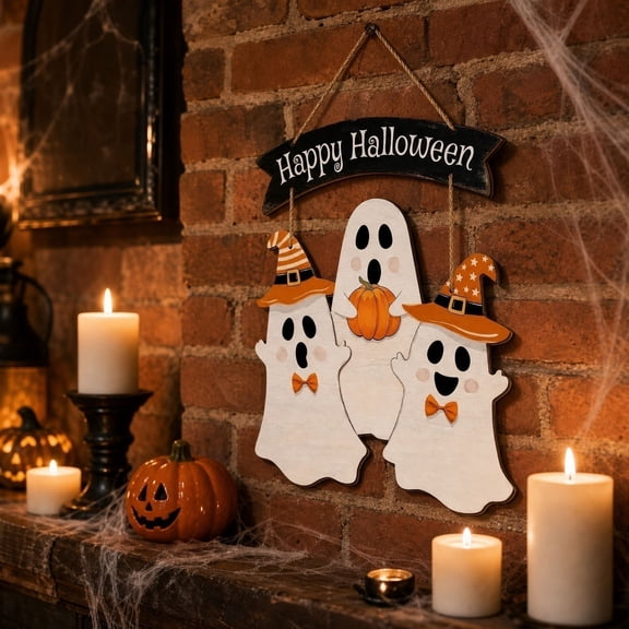 HHJZPR Happy Halloween Ghost Door Sign, 9.7" Wooden Hanging Plaque with Cute Ghosts for Indoor/Outdoor Decor