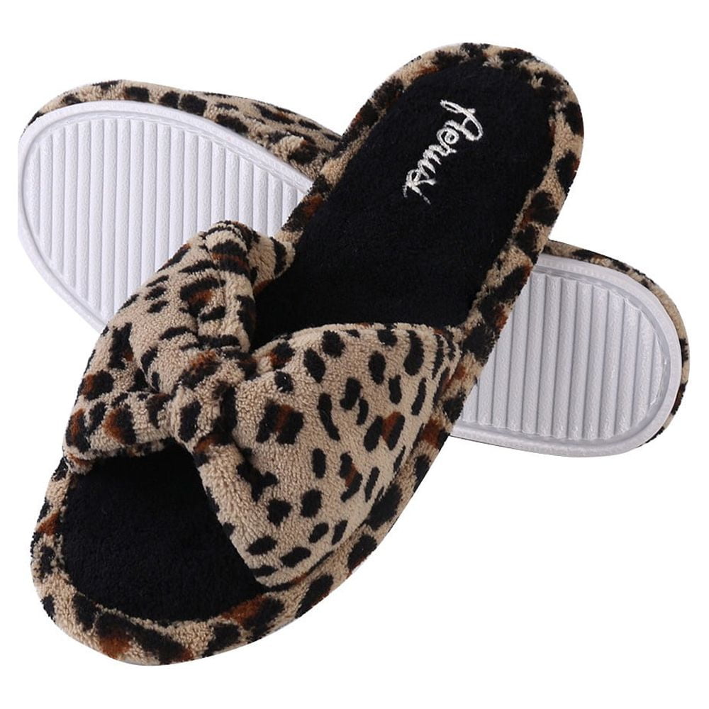 Women’s Faux Fur Leopard Slippers – Plush, Lightweight, Open Toe, Memory Foam and Slip-Resistant for Indoor Comfort