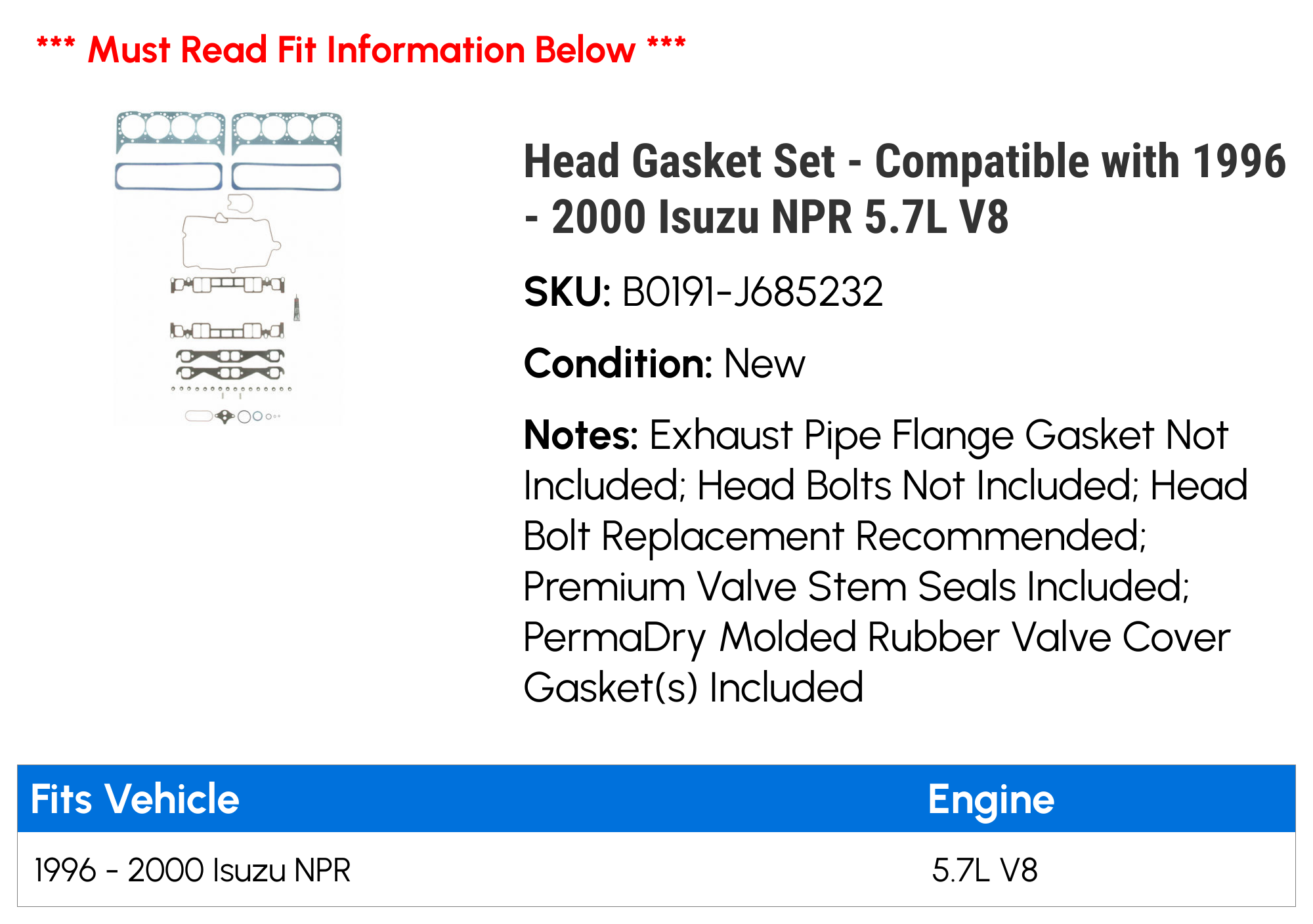 Head Gasket Set - Compatible with 1996 - 2000 Isuzu NPR 5.7L V8 1997 1998 1999