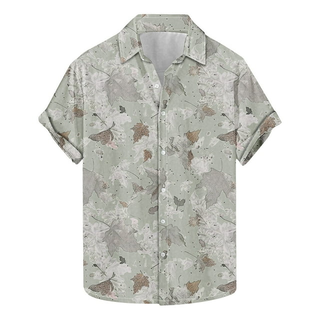 Blusa y camisa de manga corta con cuello vuelto para hombre, camisa informal de moda con estampado de hojas y solapa de manga corta, blusa para hombre