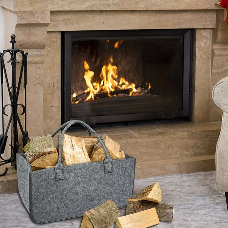 45 X 32 X 40 Cm 57 L Firewood Box Felt Basket with Wooden Handles Large  Capacity Foldable Wood Basket for Fireplace & Wood Stove