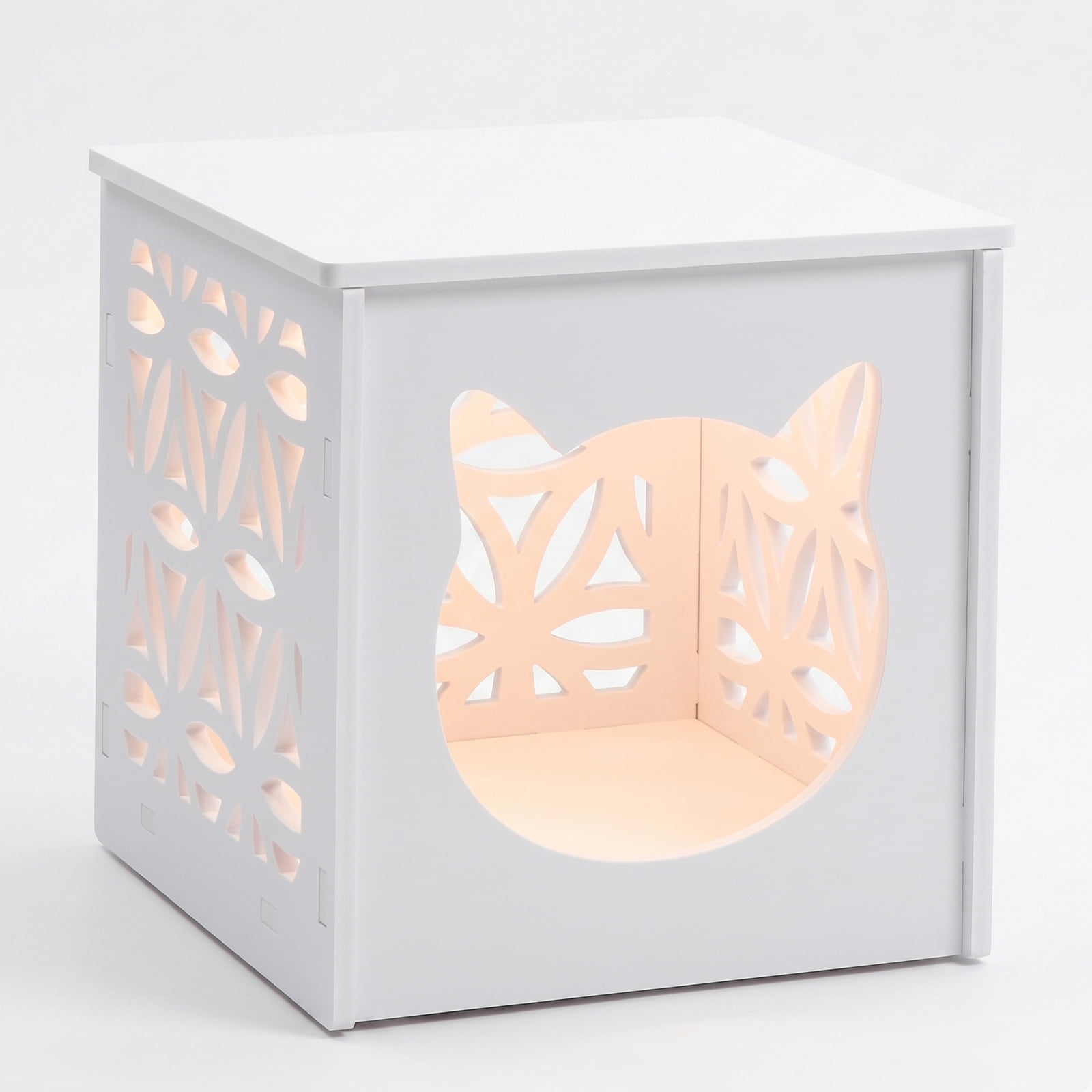 Side Table and House for Pets, Bedside Table with Warm Light, Cats Cube Condo, Nightstand End Table for Indoor Outdoor, White