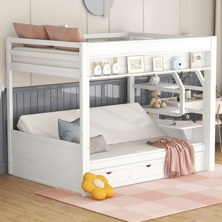 Euroco Wood Full Bunk Bed or Full over Futon with Shelf and Drawers for Kids Teens, Covertible into Daybed for Living Room, White