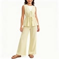 thumbnail image 2 of FRSASU Girl's Summer Striped 2 Piece Set Casual Bow Tie Vest and Wide Leg Linen Pants Matching Set Beach Vacation Outfits Yellow, 2 of 6