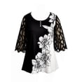 thumbnail image 3 of Hymorin Plus Size Floral Print Women Buttons Round Neck Mesh Lace 3/4 Sleeve T-Shirts, 3 of 4