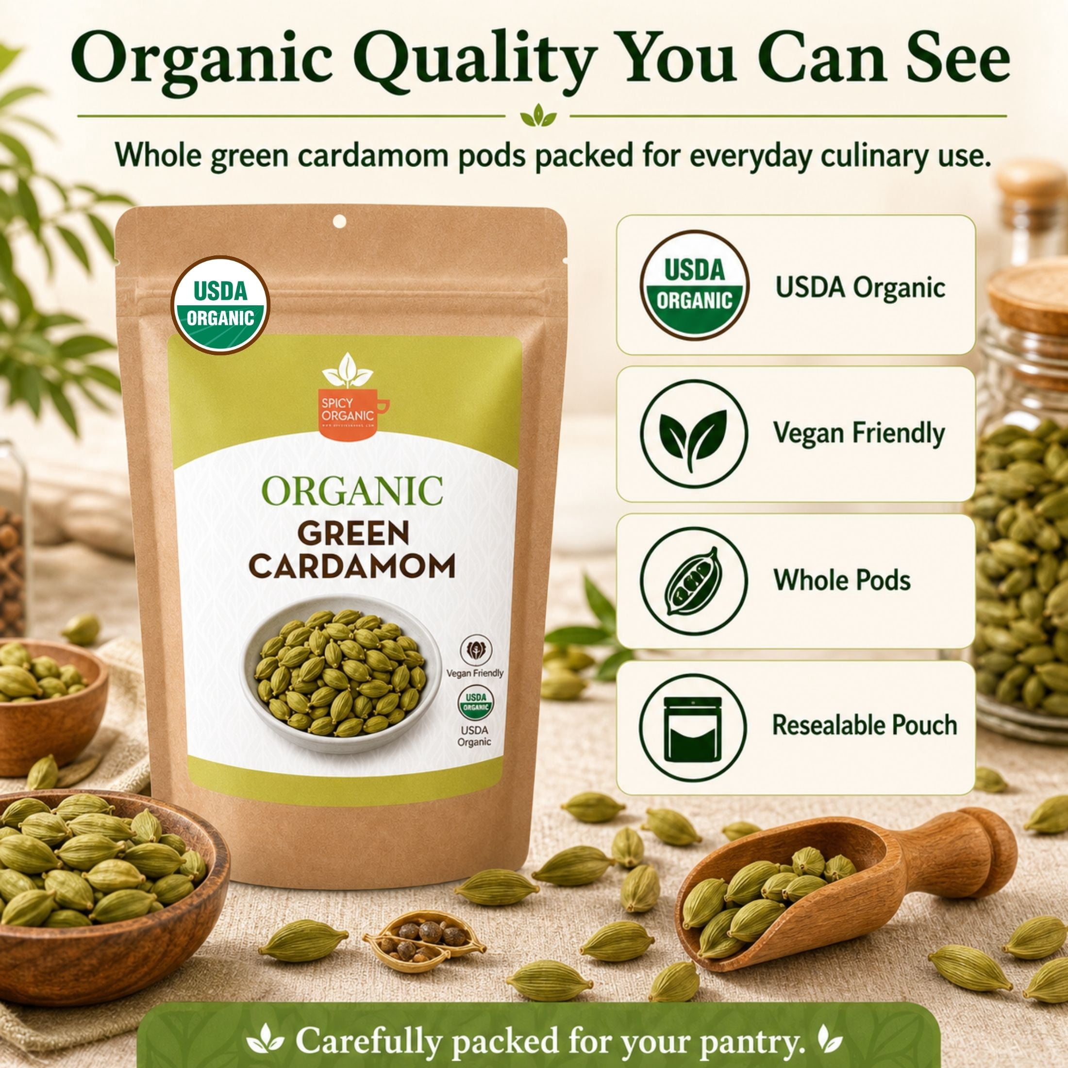 SPICY ORGANIC Green Cardamom Pods 8 Oz. - Certified USDA Organic