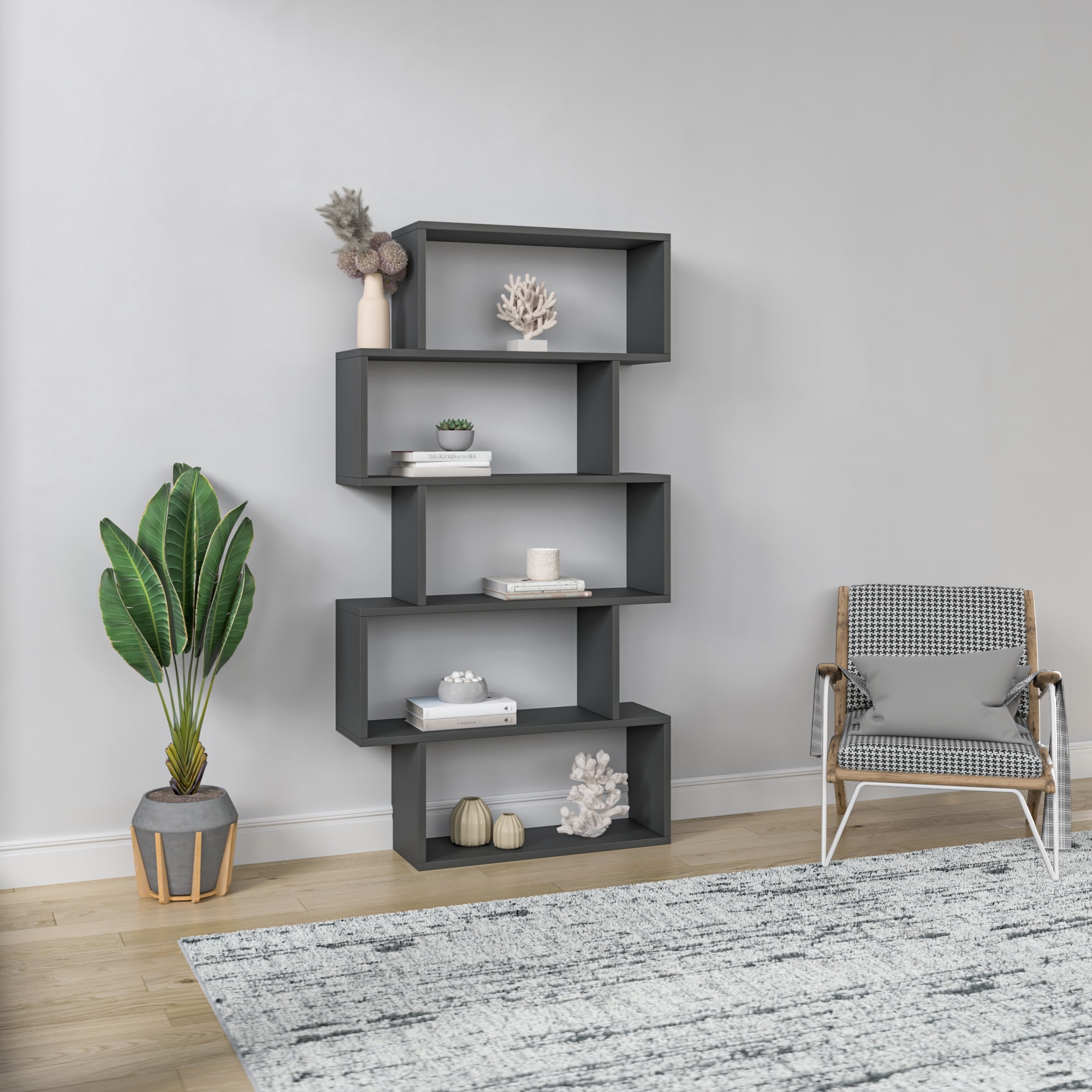 Ada Home Decor Barclay Multiple Tier Open Shelf Modern Bookcase, Anthracite