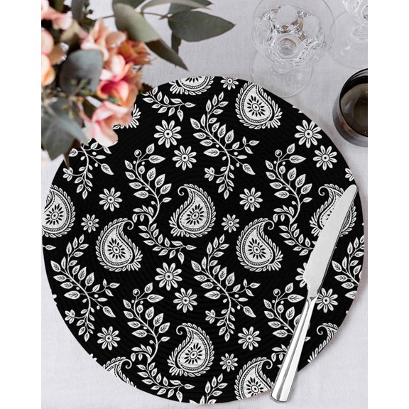 13 Inch Round Placemats Set of 4, Black Paisley Non Slip Heat Insulation PP Table Mats, Ethnic Vintage Floral Botanical Abstract Washable Place Mats for Kitchen Dining Party Table Decor