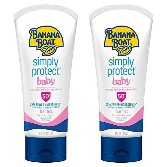 Banana Boat Simply Protect Tear Free, Reef Friendly Sunscreen Lotion for Baby, Broad Spectrum SPF 50, 25% Fewer Ingredients, 6 Ounces - Twin Pack