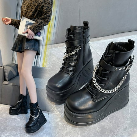 

Women s Boots Autumn And Winter Metal Chain Thick Sole Super High Heel Side Zipper Ankle Boots