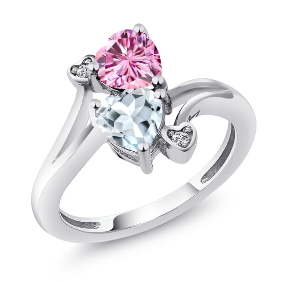 Gem Stone King 925 Sterling Silver Pink Moissanite Sky Blue Aquamarine and White Lab Grown Diamond Ring for Women (1.56 Cttw, Heart Shape 6MM, Gemstone Birthstone, Size 9)