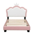 thumbnail image 4 of PU Leather Upholstered Platform Bed, Twin Size Wood Bed Frame with Crown-Shaped Headboard, Cute Platform Bed with Slats for Girls Boys, White+Pink, 4 of 7