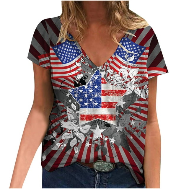 Pompotops T-shirt Décontracté pour Femme à Imprimé d'Étoiles, Col en V, Manches Courtes, Chandail à Enfiler, Hauts, Blouse