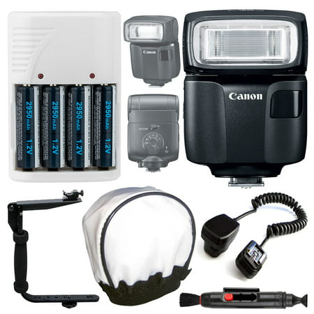 Canon Speedlite EL-100 Flash + Off Camera Flash Cord + 4 AA Batteries & White Charger + Flash Bracket + Universal Soft Flash Diffuser + Lens Cleaning Pen – Top Flash Accessory