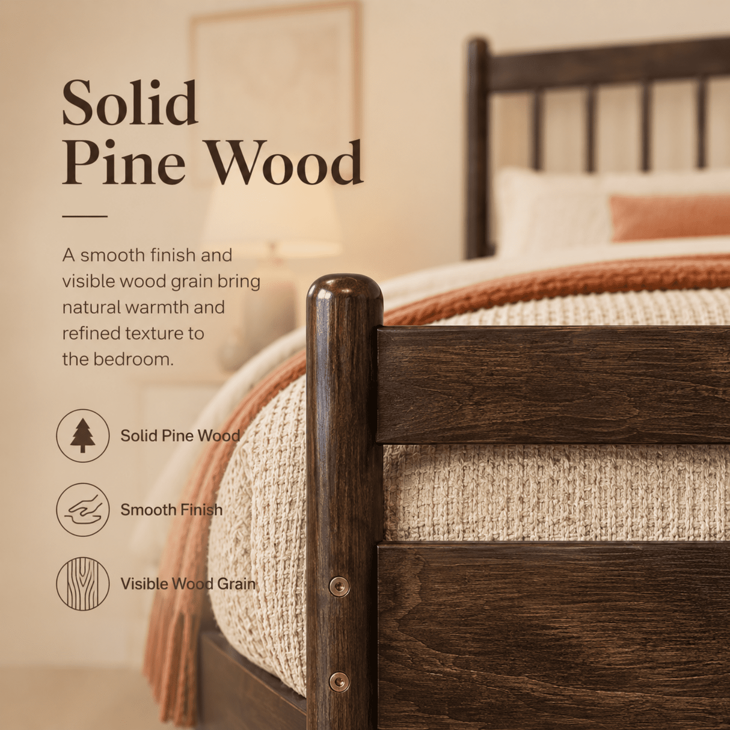 Miniyam Queen Pine Wood Platform Bed Frame with Spindle Headboard, 9.8" Underbed Storage, Brown