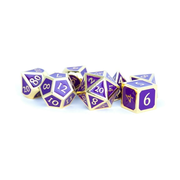 Metallic Dice Games 16 mm Metal Enamel, Board Game - Gold & Purple - Set of 7