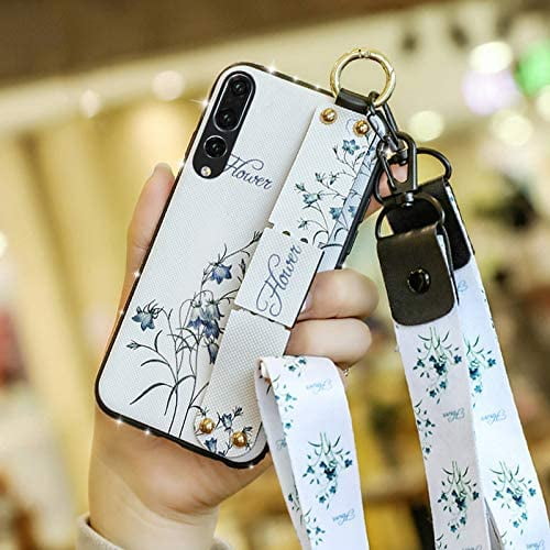 Case for Huawei P20 Pro, Rhinestone Painting Cloth Embossed Stylish Soft TPU Frame Glitter Thin Multicolor Soft Holder Stand Wrist Strap Full Protection Bumper, by IBAOLE -Purple White Huawei P20 Pro