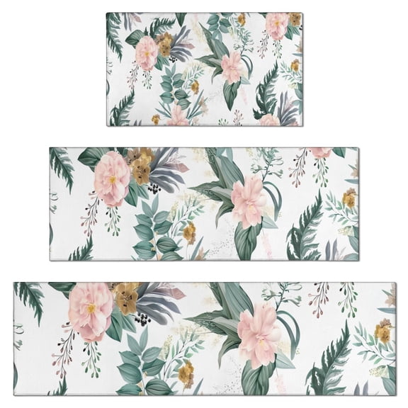 Pioneer Flower Floral Print Pattern Kitchen Rugs Sets Of 3,Kitchen Runner Rugs Non Skid Washable,Decorative Kitchen Floor Mats for Kitchen,Sink,Laundry,17"x30" 17"x47" 17"x59"