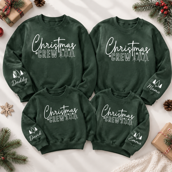 Personalized Christmas Sweatshirt, Family Name Sleeve Crewneck Holiday Pullover