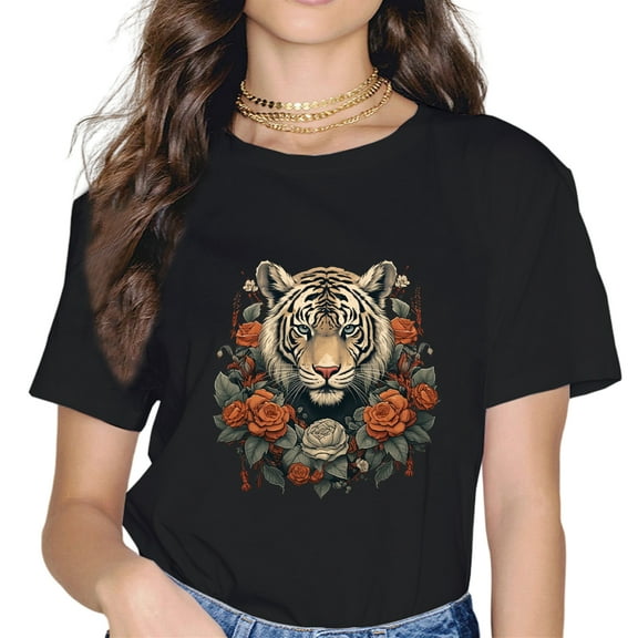Tiger Flower Animal Graphic Tee Men Women Nature Floral Women T-Shirt