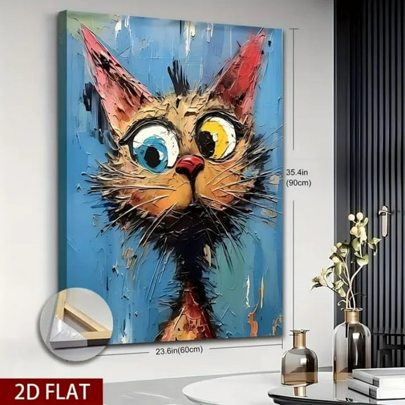2D Flat, 2D Flat 1pc Wooden Framed Extra Large Canvas Wall Art, Confused Cat Canvas Print, Cat Pop Art, Colorful Cat Print,, Framed and Ready to Hang.
