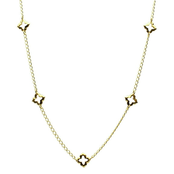 18KT Gold-Flashed Sterling Silver Station Clover Open Quatrefoil Link Curb Chain Necklace Italy 23"
