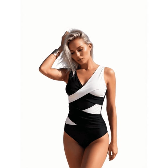 2026 New Women's Black and White Color Block One Piece Swimsuit – V-Neck Ruched Bathing Suit for Beach and Pool