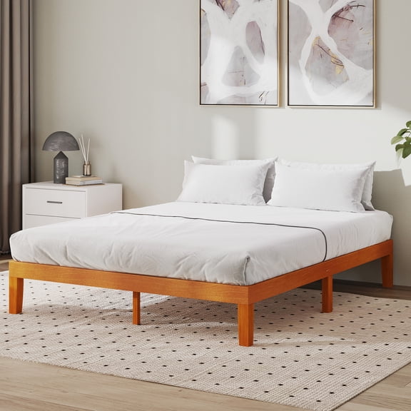 ZUNMOS 12 IN Queen Size Solid Wood Bed Frame with Wood Slat Support, Sturdy, No Box Spring Needed, Natural Pine