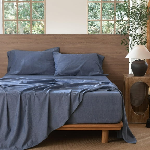 MooMee 100% Washed Cotton Sheet Set King Linen Like Textured Breathable Durable Soft Comfy 4pcs (Denim Blue)