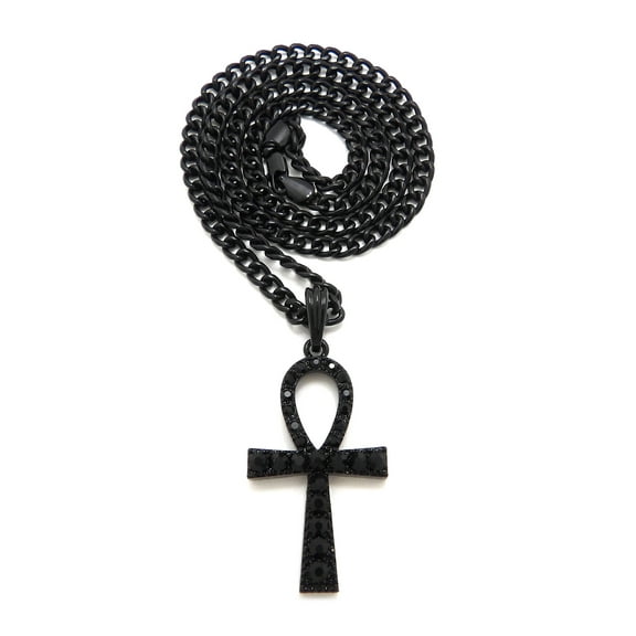 iJewelry2 Ancient Egyptian Coptic ANKH Cross with Black Tone Crystals Cuban Chain Pendant Necklace 24''