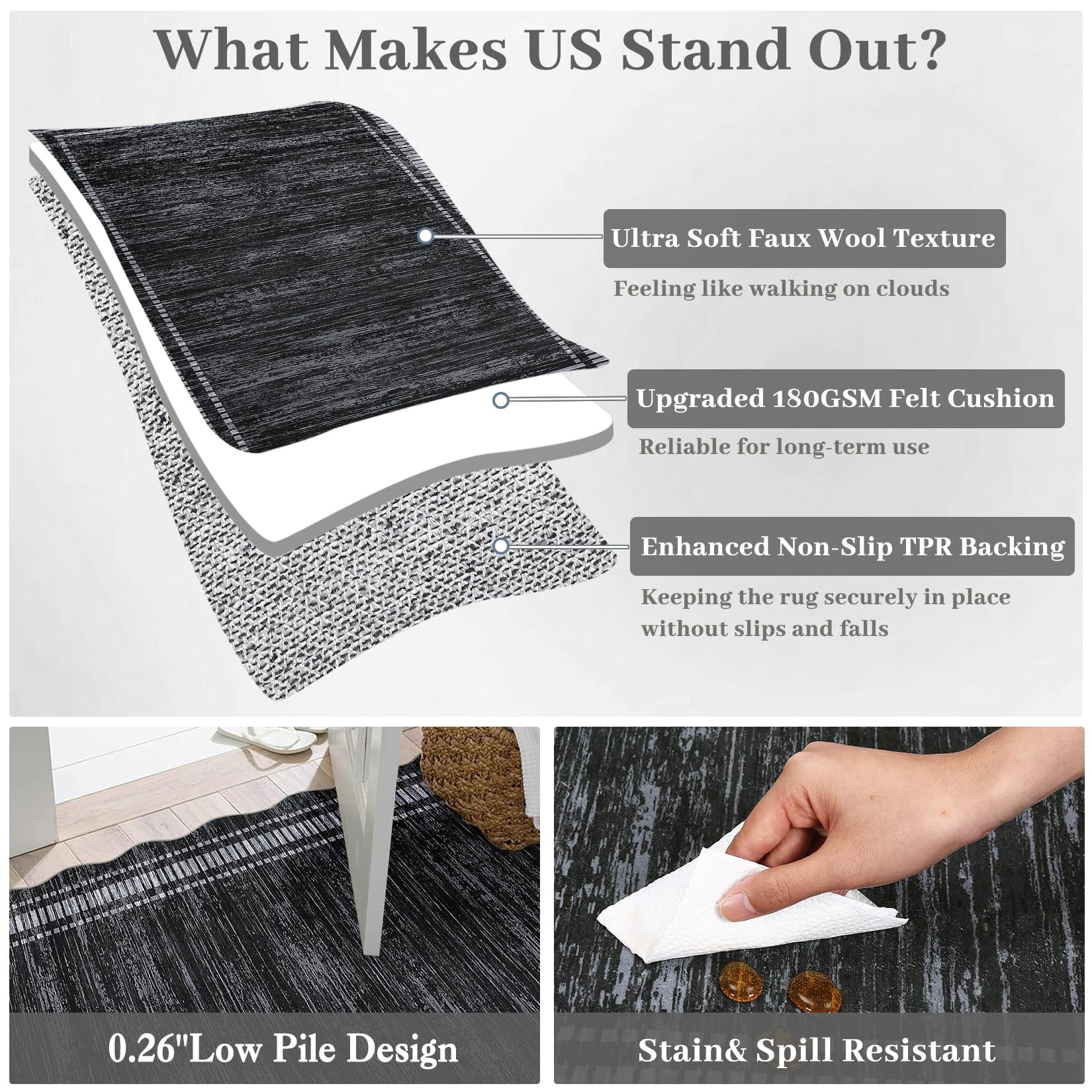 5x7 Washable Rugs Non Slip Scalloped Area Rug for Bedroom Soft Low Pile Solid Large Bedroom Throw Carpet Stain Resistant Classic Neutral Area Rug Boho Rugs for Kitchen Nursery, Black