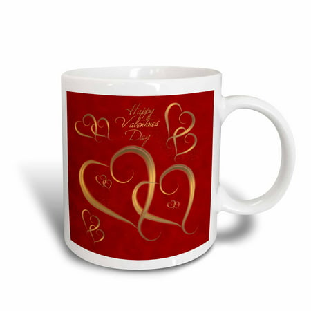 3dRose Golden Hearts entwined on a mottled red background with Happy Valentines Day, Ceramic Mug,