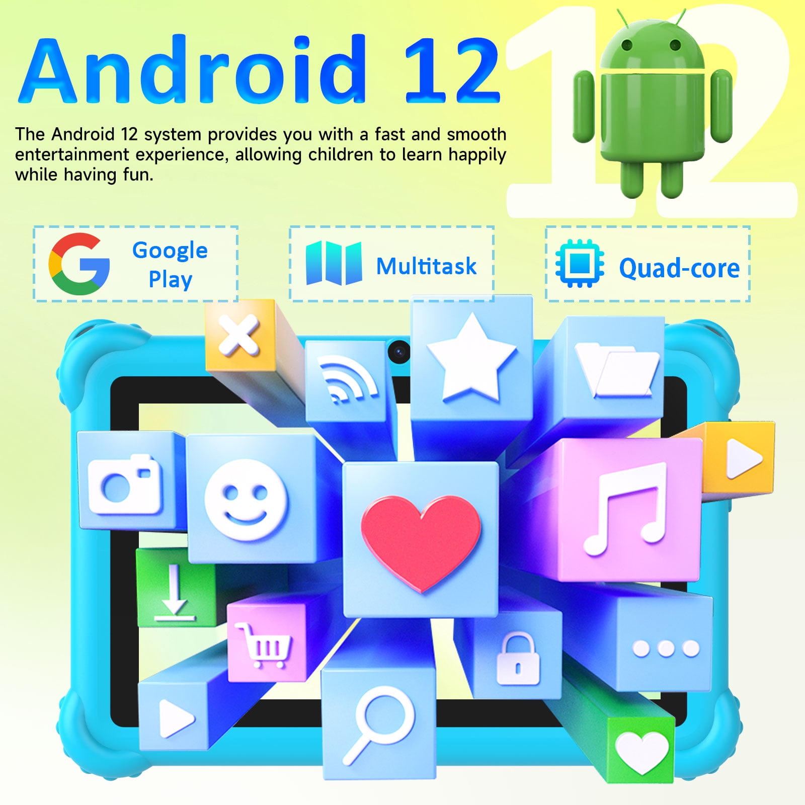 7 inch Kids Tablet for Toddlers, Android 12 Tablet with Case, 4GB RAM+32GB ROM, WiFi, Bluetooth, Safe Eye Protection IPS Screen, Parental Controls, Dual Cameras, Kids Tablet for Education & Gaming