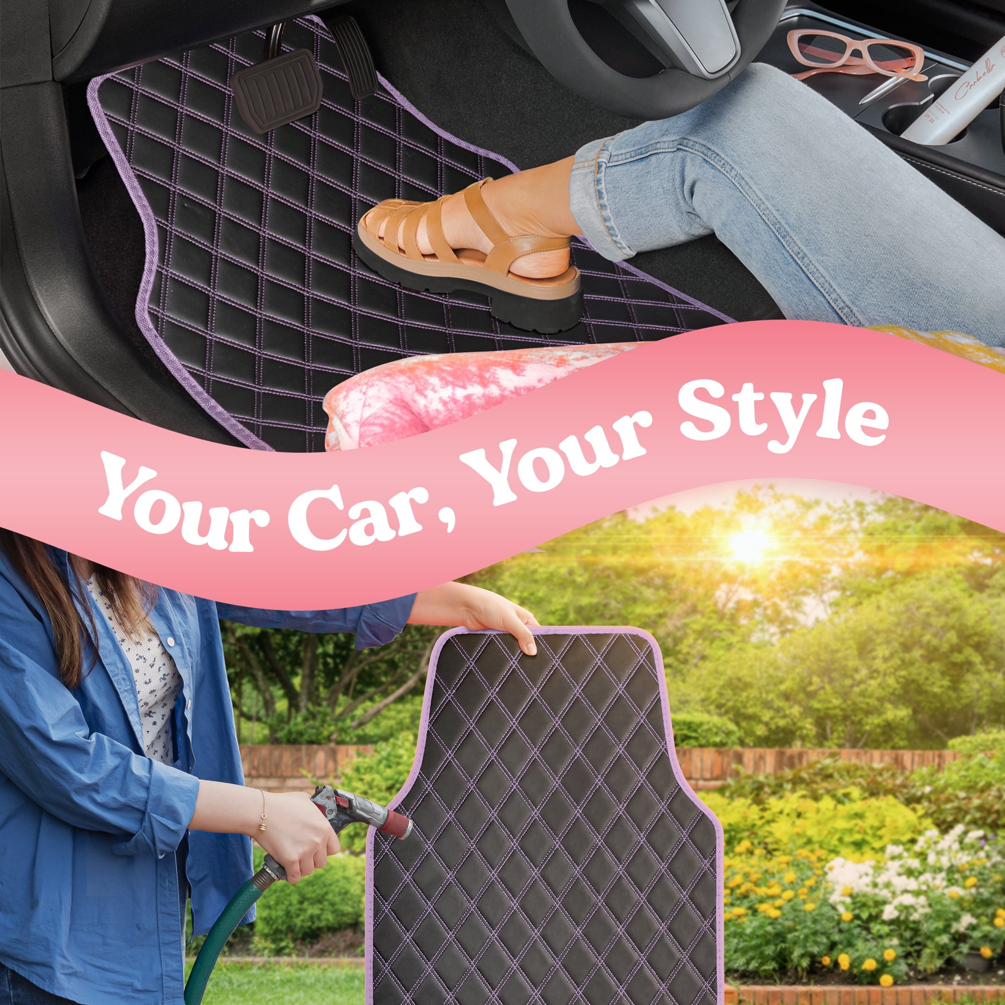 Carbella DiamondLuxe Car Floor Mats, Stylish Faux Leather Car Mats with Diamond Stitched Detail and Matching Taping, Universally Sized All-Weather Floor Mats for Cars Trucks SUV, Full (Purple)