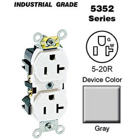 Leviton 5352-GY Duplex Receptacle Industrial Grade 5-20R 20A 125V BandS 8 Hole Feed-Thru Wired - Gray