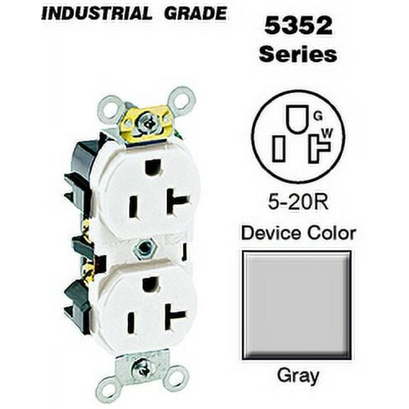 Leviton 5352-GY Duplex Receptacle Industrial Grade 5-20R 20A 125V BandS 8 Hole Feed-Thru Wired - Gray