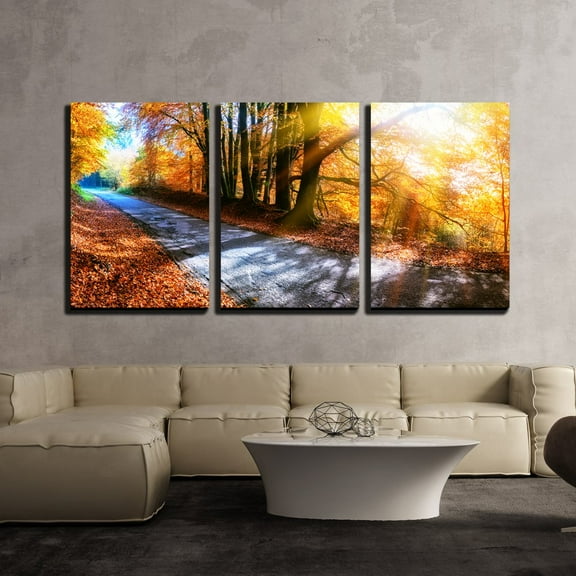 wall26 - 3 Piece Canvas Wall Art - Panoramic Autumn Landscape with Country Road in Orange Tone - Modern Home Art Stretched and Framed Ready to Hang - 16"x24"x3 Panels