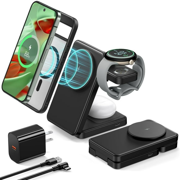 3 in 1 Magnetic Foldable Wireless Charger for Google Pixel Watch 3/2, 15W Fast Mag-Safe Charging Stand for Pixel 10 Pro XL/10 Pro Fold/10/9/8/7/6 Pro