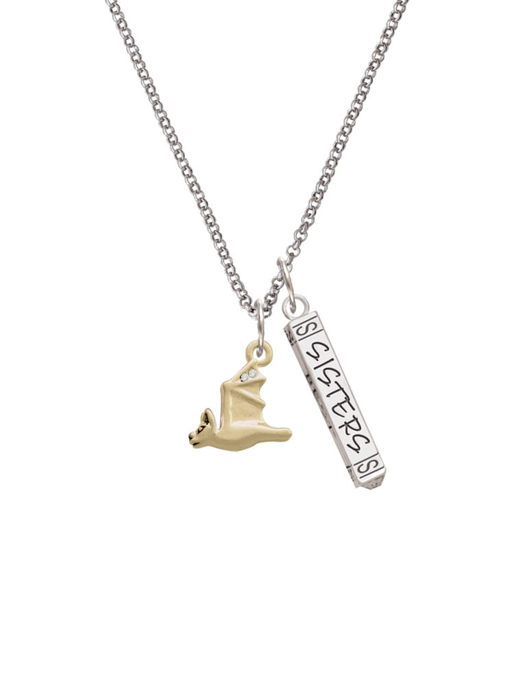 Delight Jewelry Goldtone 3-D Flying Bat with Crystals Silvertone Sisters Best Friends Forever Bar Charm Necklace, 23"
