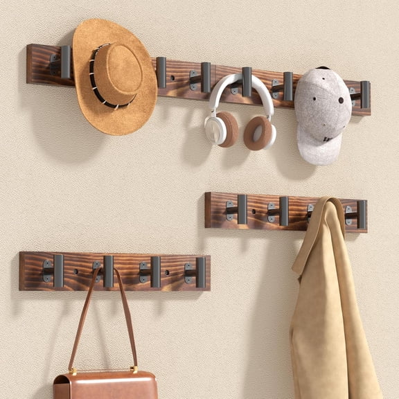 4-Pack Rustic Solid Wood Wall Mounted Coat Racks with 16 Black Metal Heavy Duty Hooks