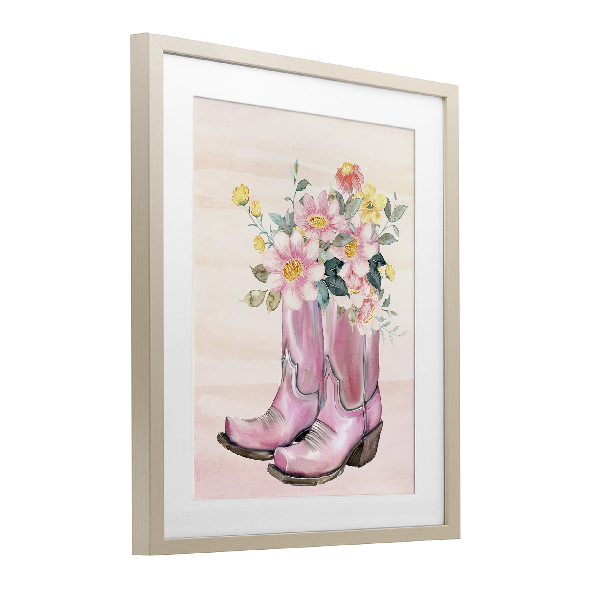 Wildflower Floral Boots Birch Framed Print Under Glass, design by Kim Allen