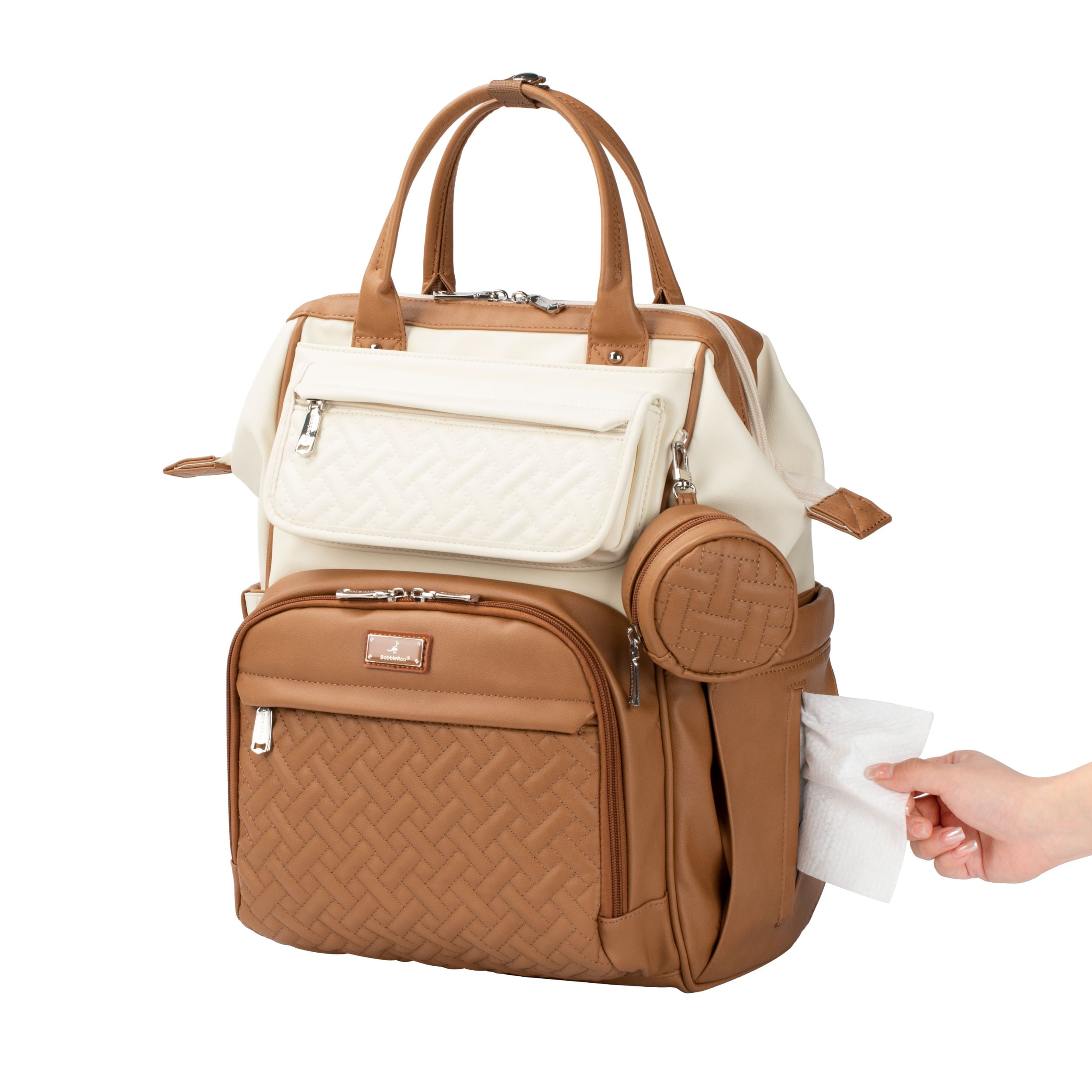 BabbleRoo Widetop Waterproof Diaper Backpack with Insulated Bottle Pockets, Vegan leather- Caramel Cream