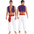 thumbnail image 3 of Trajes de cosplay míticos de Aladino para hombre, disfraz de príncipe árabe, rey, traje de juego de rol, chaleco con ribete de lentejuelas y pantalones con cinturón, 3 of 5