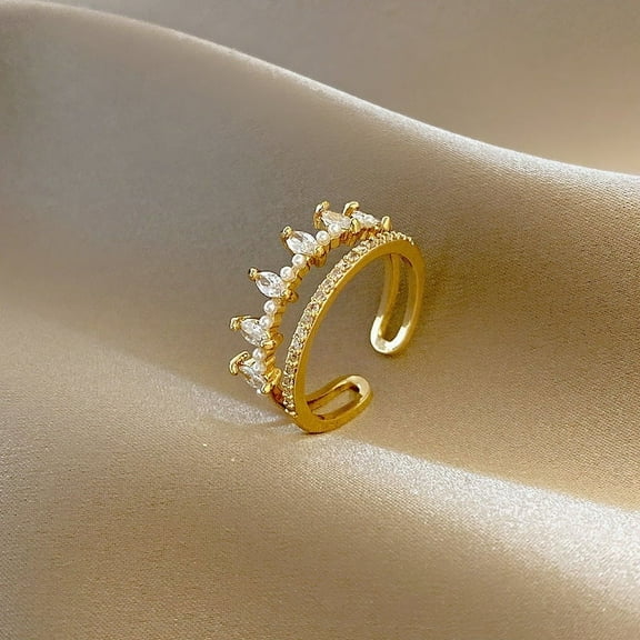 Adjustable Diamond Ring: White Gold Filled Copper, Geometric Crown Design for Women, Korean Style Fashion