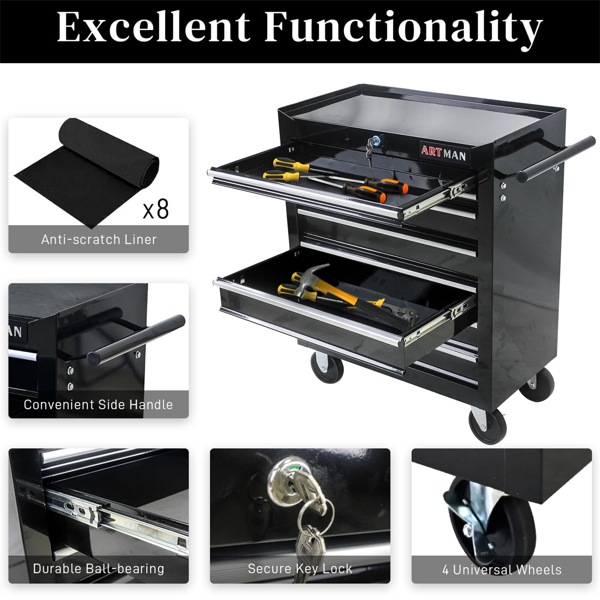 Aukfa Tool Chest, 24.5 in 7-Drawer Steel Rolling Tool Box on Wheels for Workshop Garage, Black