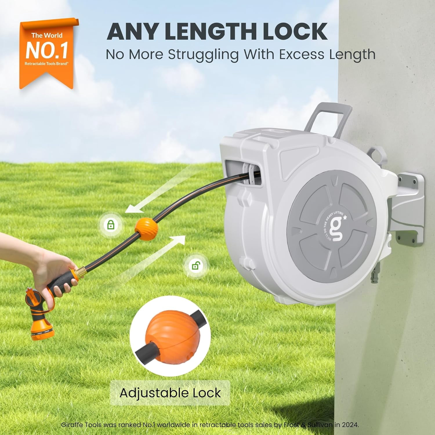 Giraffe Tools Retractable Hose Reel 1/2" x 65 ft Heavy Duty Water Hose Reel, Swivel Bracket, Any Length Lock, with 9-Function Sprayer Nozzle