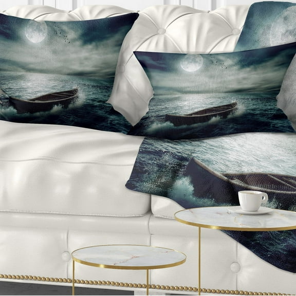 Designart Boat Drifting Away After Storm - Seashore Throw Pillow - 12x20